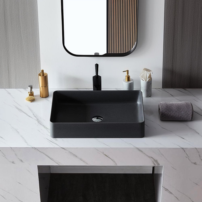 Lavabo vasque de salle de bain en quartz - gris mat, 20,1 po x 14,4 po x 4,8 po, résistance aux dommages, pierre grise luxueuse, longueur 20,1 po x largeur 14,4 po, hauteur 4,8 po, bonde escamotable incluse