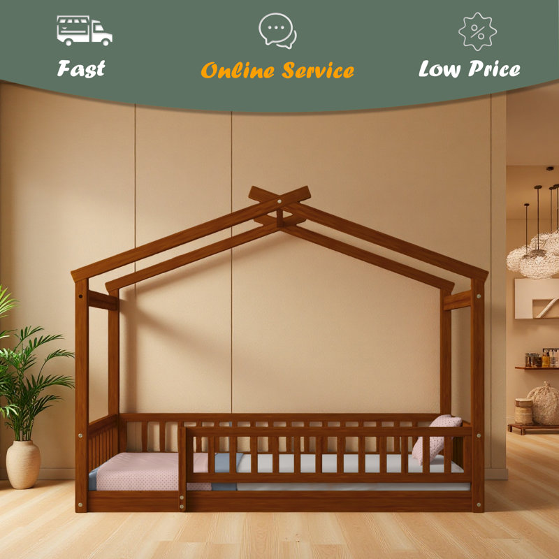 Wood Bed House Bed Frame With Fence, Walnut, Twin