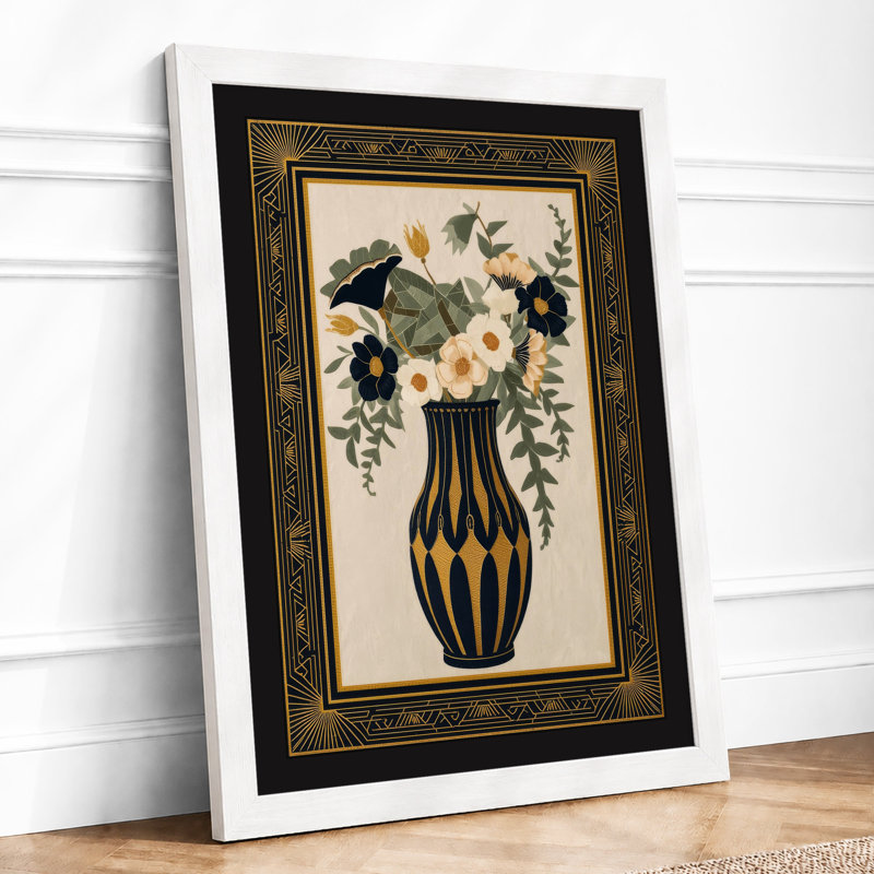 Gold Striped Abundance Botanical - Framed Print, A2 - 59.4 x 42.0 cm, White