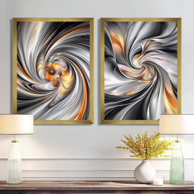 Fractal Grey Vortex Galactic Expansion I - Abstract Canvas Wall Art Set of 2