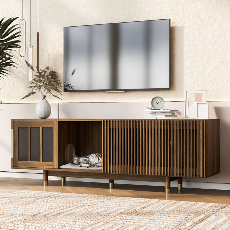 Meuble télé pour chat avec porte coulissante de style moderne Mid-Century