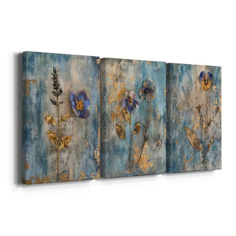 FLORAL Series XLIX - Toile tendue avec châssis sur mesure - 3 pièces, H 27 po x l 54 po