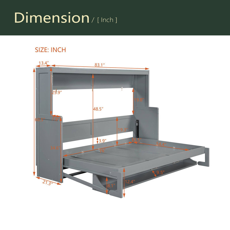 Lit escamotable avec élévateur hydraulique et bureau, Gris, Lit double