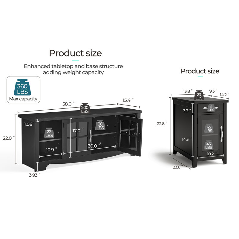 3-Piece Living Room Table Set, 58" TV Stand And 2 End Tables, Black