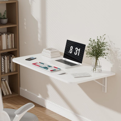 31.5'' Wall Mounted Floating Desk – Foldable Drop-Leaf Table with Sturdy Metal Base, Space-Saving Design for Home Office, Kitchen, or Bathroom