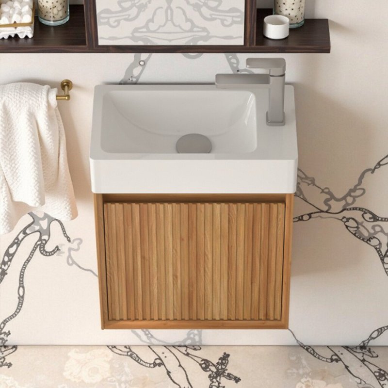 Meuble-lavabo mural 16 po - Bois d'acacia, lavabo SMC et porte à fermeture en douceur | Conception moderne peu encombrante pour les petites salles de bain