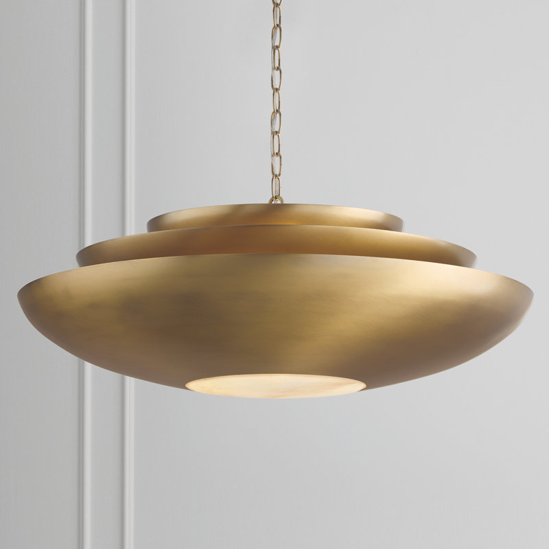 29.5" W x 11.5" H 1-Light Modern Tiered Bowl Pendant in Aged Brass with Real Alabaster Diffuser, 29.5"W x 11.5"H