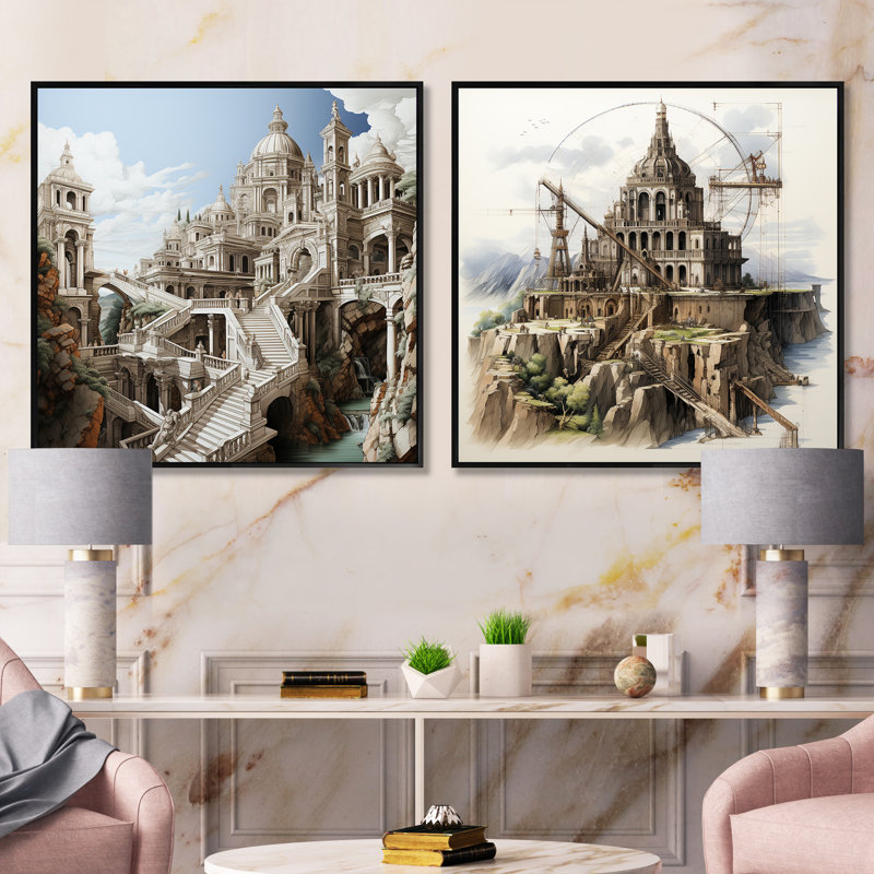 Dessin d'analytique d'un monument - ensemble de 2 collages carrés, Cadre flottant noir, H 16 po x l 33 po