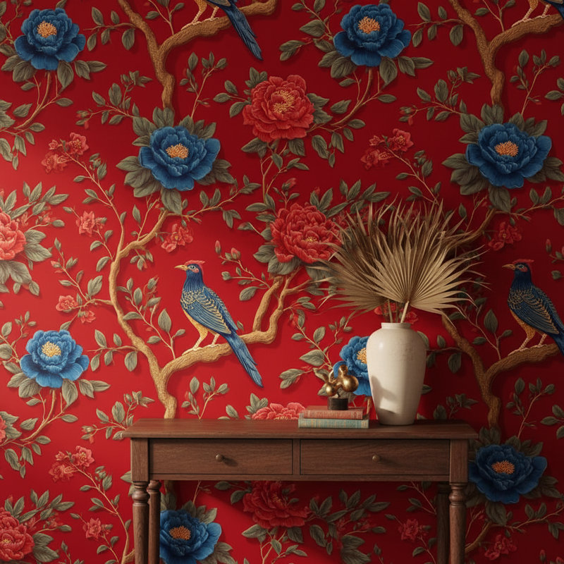 Floral Wallpaper Bird Red Decorative Mural