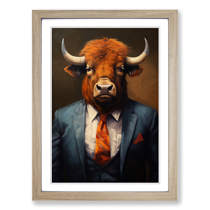 Buffalo In A Suit No.4 - Single Picture Frame Print on Wood, 46cm H x 34cm W x 2cm D, Oak 