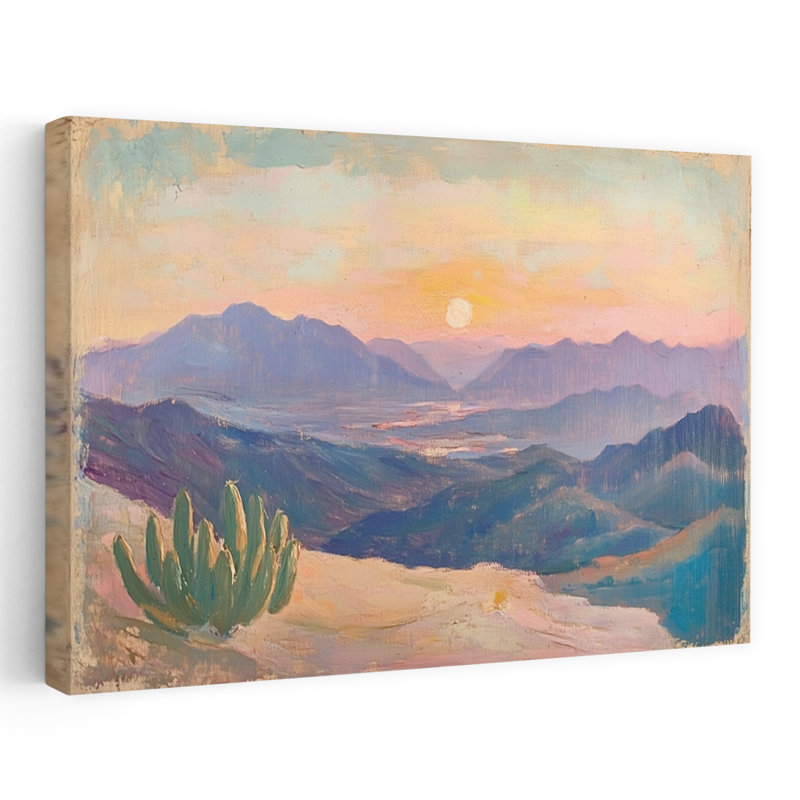 Désert, randonnée, vue, coucher de soleil contemporain, montagne, cactus, tons chauds, art, H 24 po x l 16 po
