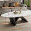 Table basse ovale moderne de 125 cm (49,2 po), plateau en pierre frittée imitation marbre, piètement minimaliste en métal sculptural, montage facile-1524501427