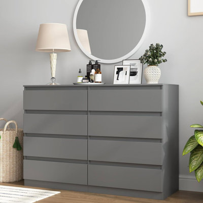 Mid Century Modern 8 Drawer Dresser For Bedroom With Hidden Handle Grey