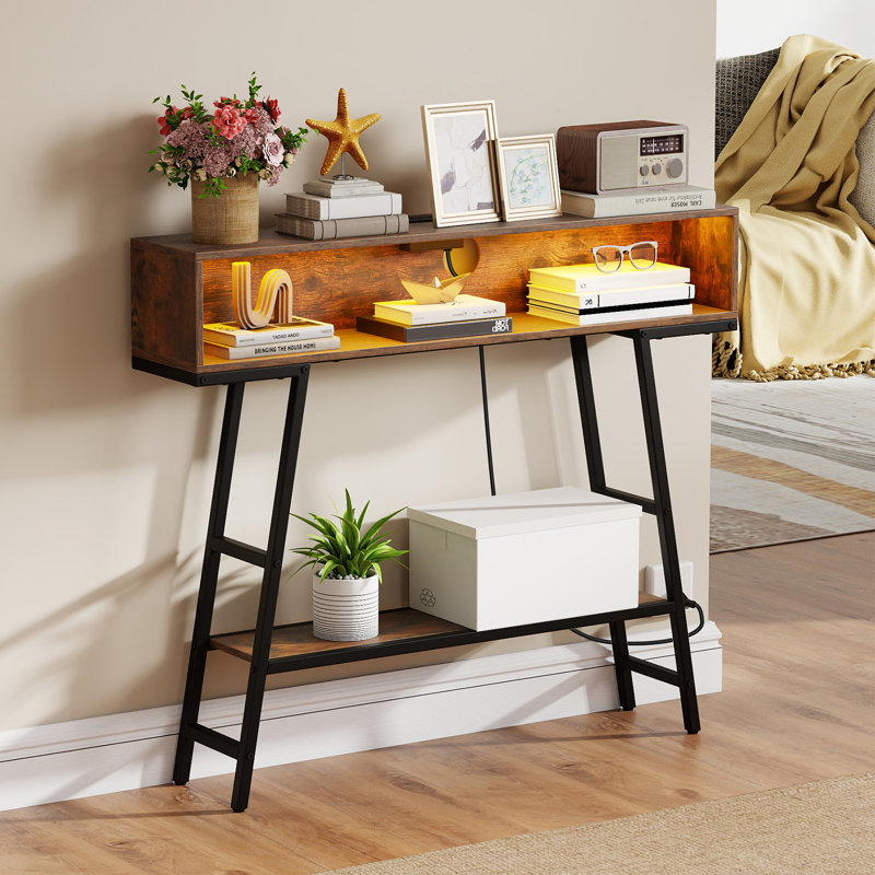 Console Table 3-Tier Entryway Table Narrow Sofa Table Behind Couch Table With LED Light, Brown