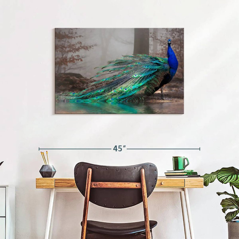 Élégant paon bleu sur toile, H 24 po x l 36 po