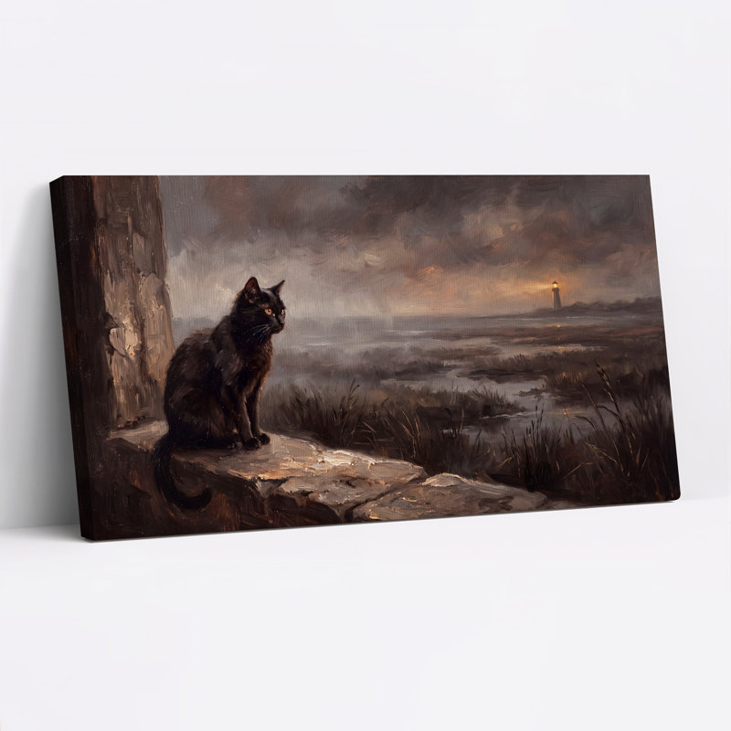 Art sur toile, "Chat noir sur pierre près du phare côtier", 32“W x 16”H