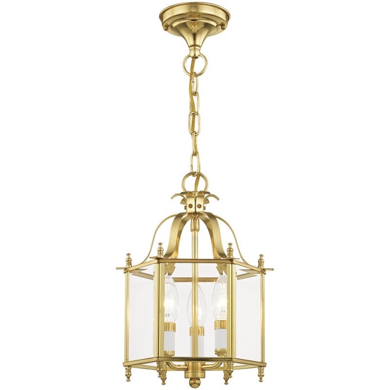 Luminaire suspendu géométrique 3 lumières Djamshid, Verre biseauté transparent, Laiton poli