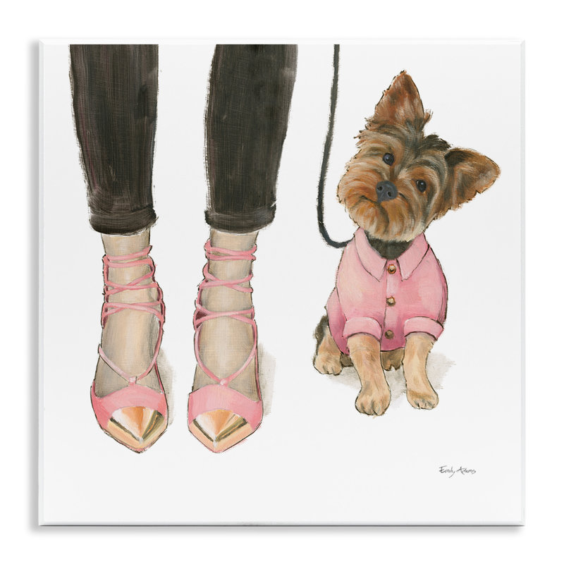 «Glam Dog Walk Heels» par Emily Adams, impression d'art graphique, H 12 po x l 12 po, Giclée encadrée noir minuit