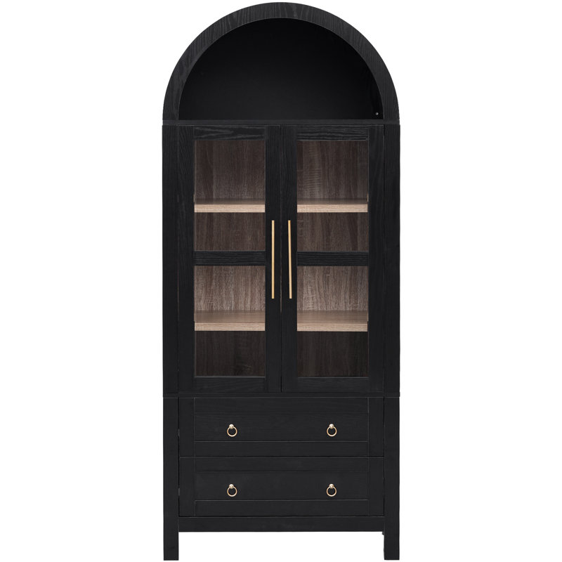 71-Inch High Arched Kitchen Cutlery Cabinet With 2 Large Drawers, Modern Farmhouse Storage Cabinet With Adjustable Shelves, Glass Door