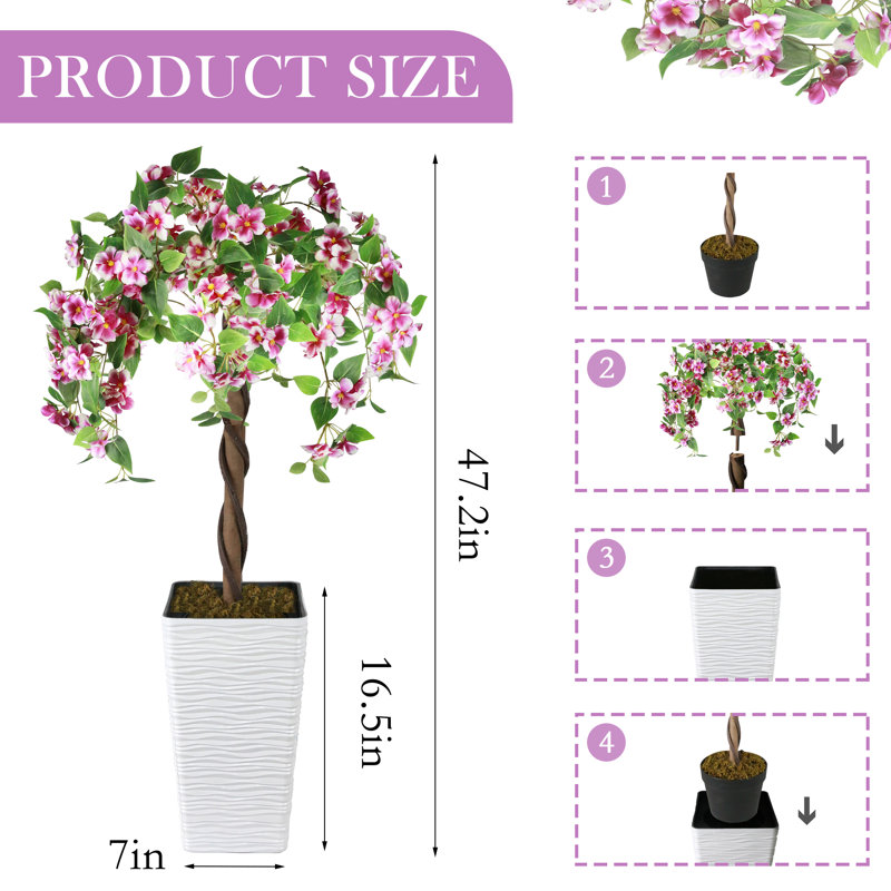 Artificial 4FT Flower Plant Tree with Planter, Pink