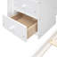 Lit superposé simple au dessus d'un lit double avec tablettes à 3 niveaux, tiroirs et escalier de rangement, blanc