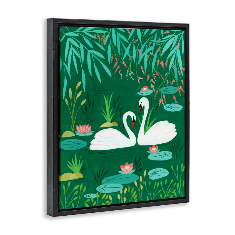 Paire de cygnes sur cadre flottant vert, design par Nabeela Rumi, H 21 po x l 17 po, Cadre flottant noir de jais
