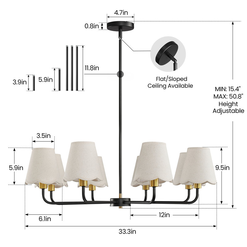 8-Light Modern Dimmable Chandelier With Fabric Shades, Matte Black/Gold