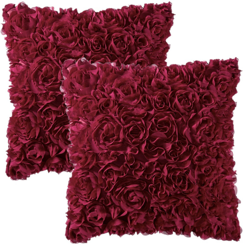 Ensemble de 2 coussins roses en mousseline de soie 3D, H 18 po x l 18 po, Carré, Vin rouge