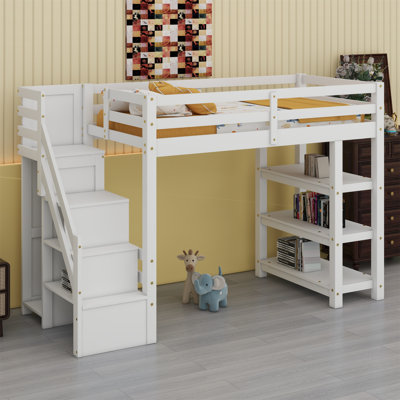 Lit mezzanine avec tablettes, escalier de rangement, petite armoire et lumière DEL