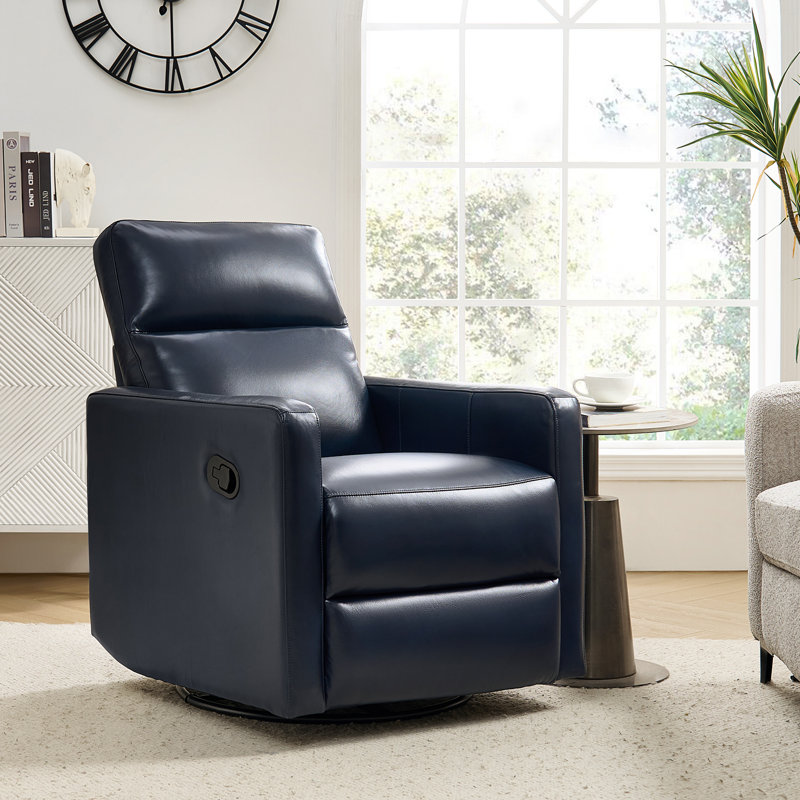 Fauteuil inclinable et pivotant berçant en cuir véritable Sumbul, Cuir bleu marine
