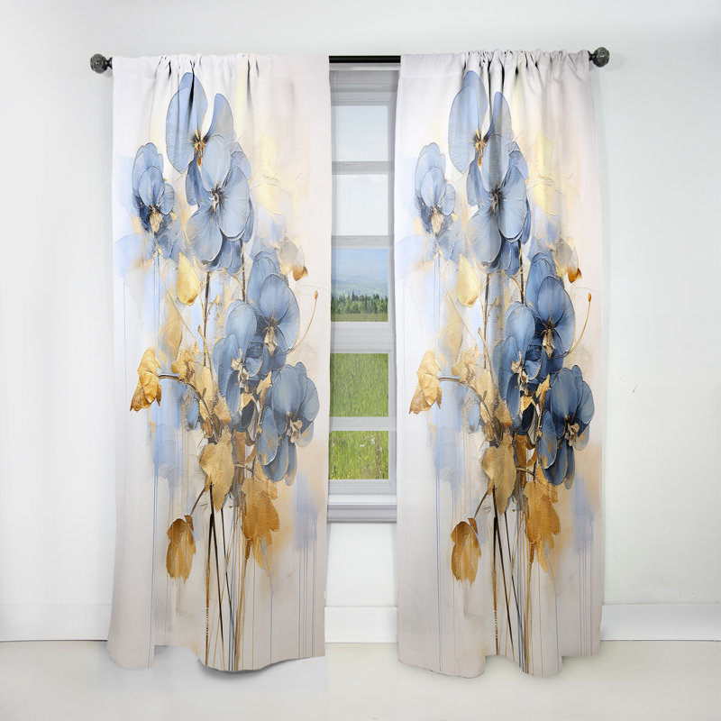 Dylnn Blue and Gold Minimalism Violets I - Traditional Velvet Curtain - Room Darkening - 1 Panel, 52" W x 120" L