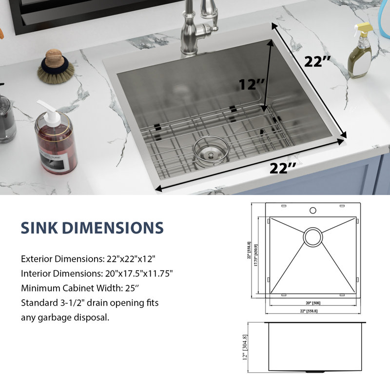22" L x 22" W x 12" H Drop-In Laundry Utility Sink Square Deep Stainless Steel Topmount Kitchen Sink