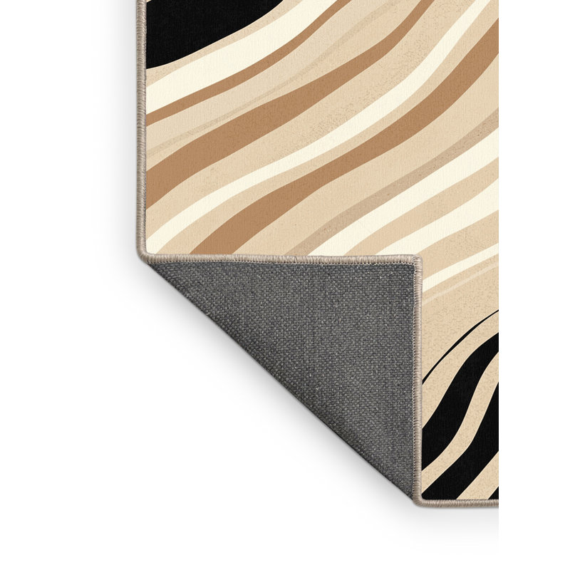 Tapis doux et moelleux à rayures modernes et contemporaines Adlai - reliure beige, Carré 5 pi