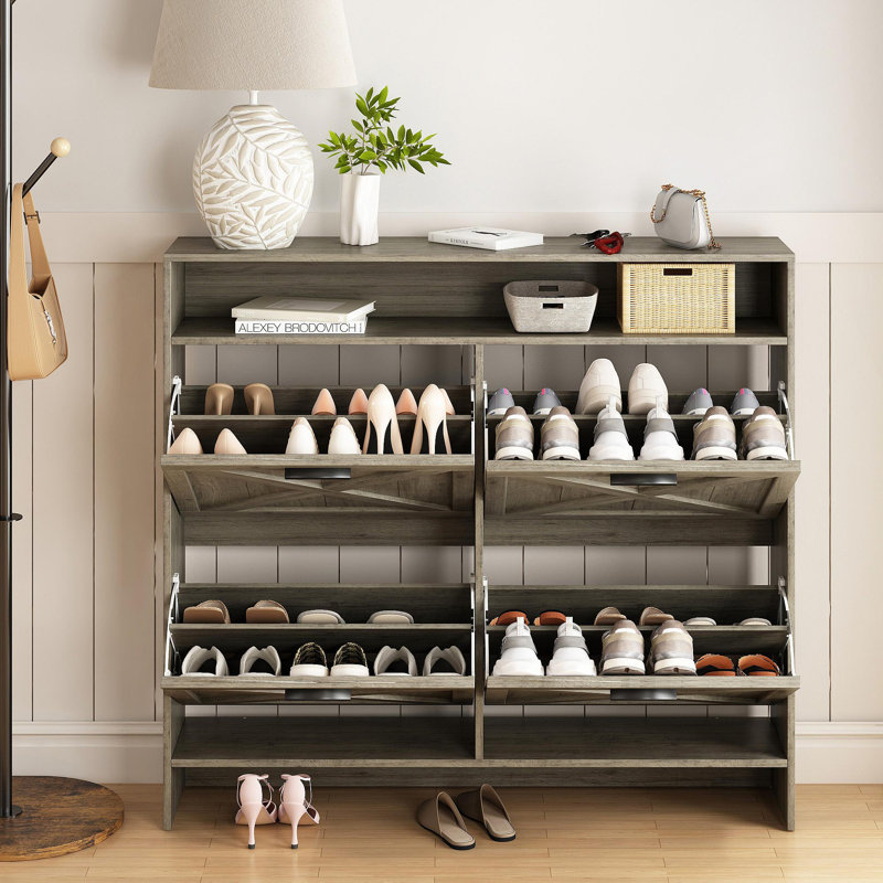 Armoire de rangement pour chaussures avec 4 tiroirs rabattables, étagère à chaussures anti-basculement pour entrée, gris rustique