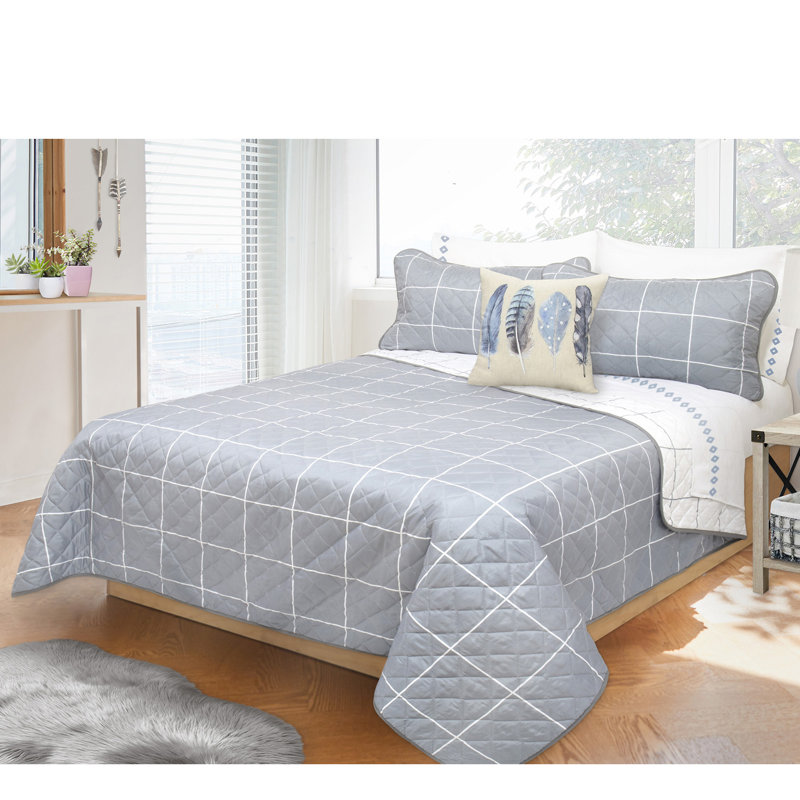 Ensemble de courtepointe réversible en microfibre grise / blanche, Courtepointe + 2 taies décoratives pour très gra