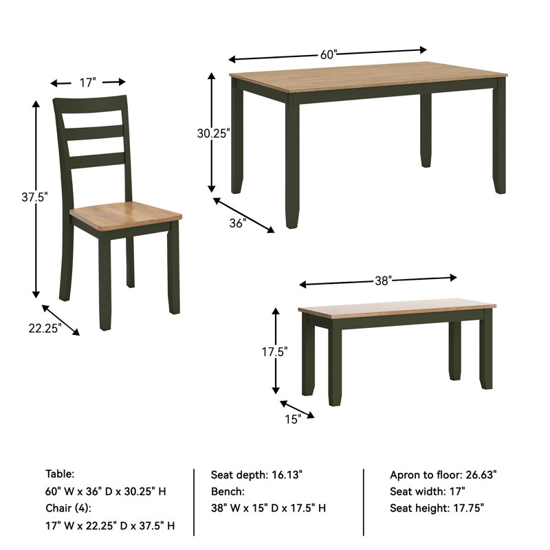 Malkin Dining Table With 4 Chairs And Bench, Set Of 6, Green, Green