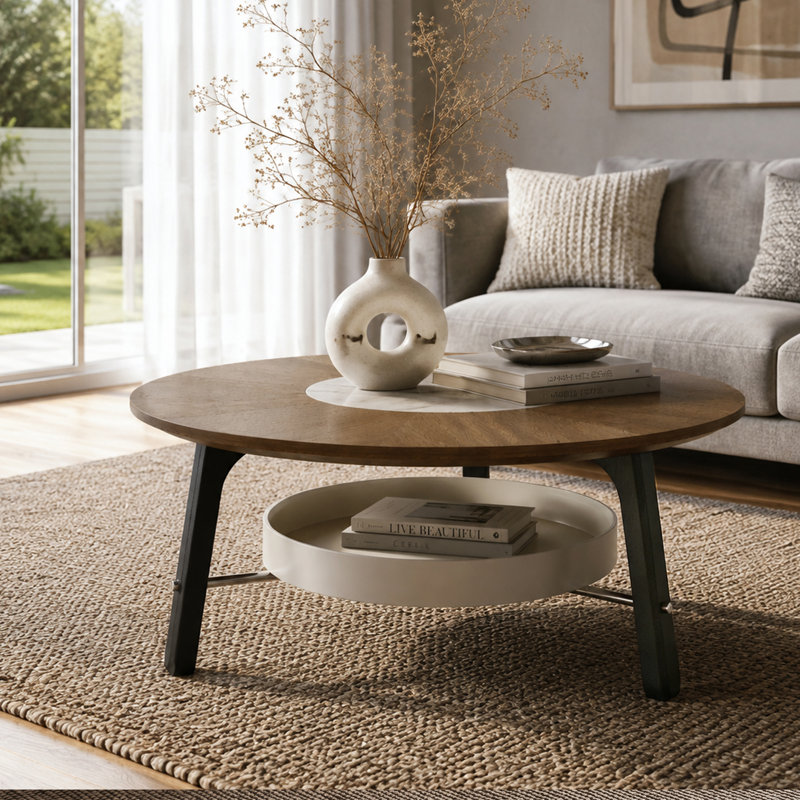 Table basse ronde de 35,43 po avec tablette de rangement, plateau en grain de bois de noyer avec incrustation de pierre frittée blanche et pieds en bois massif noir, table de centre minimaliste moderne