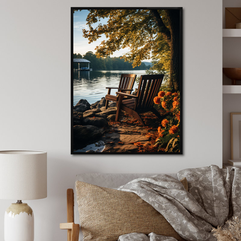Waterfront Benchs I - reproduction sur toile, 44" H x 34" W, Cadre flottant noir