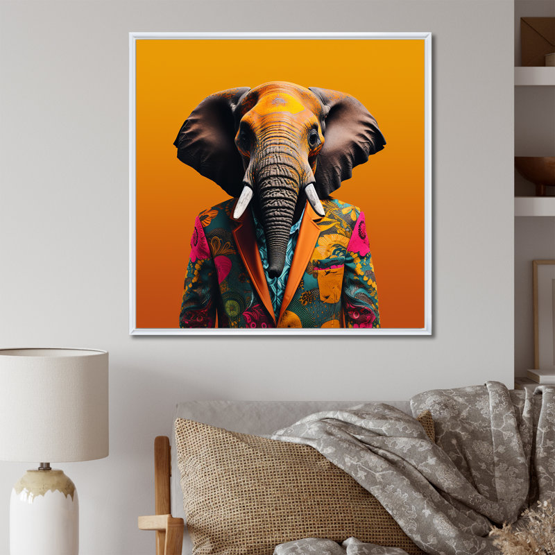 Éléphant habillé en rose - Éléphant, art mural animal, Cadre flottant blanc, H 36 po x l 36 po x P 1,5 po