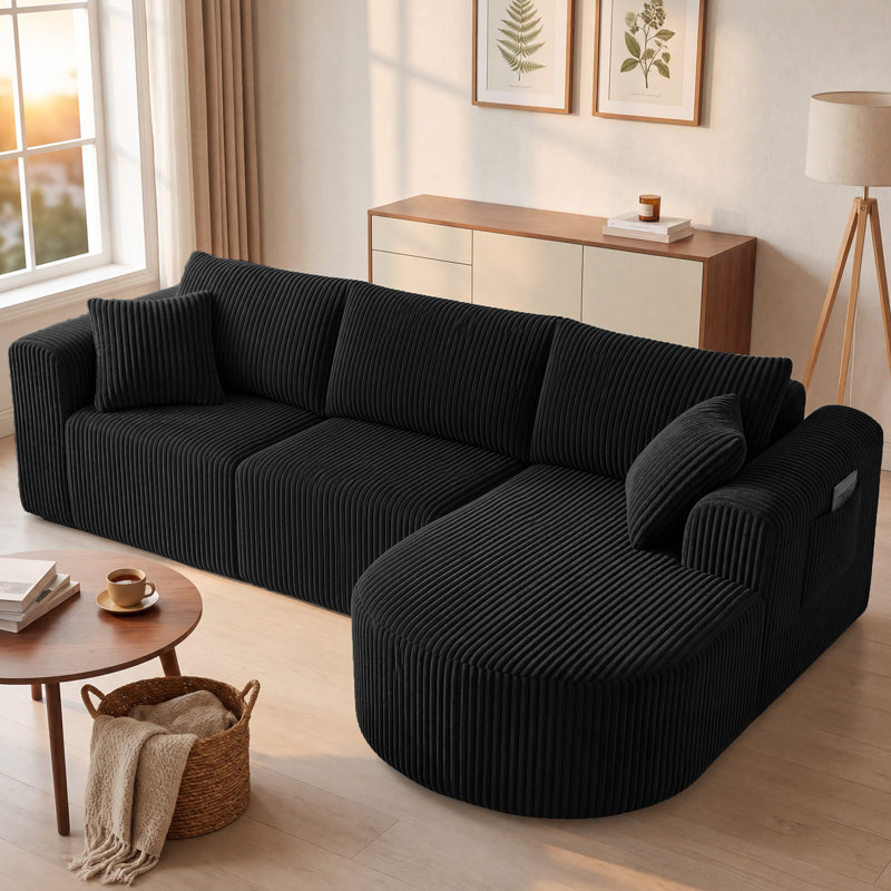 3 Seater Fabric Corner Sectional, Left Hand Facing, Black
