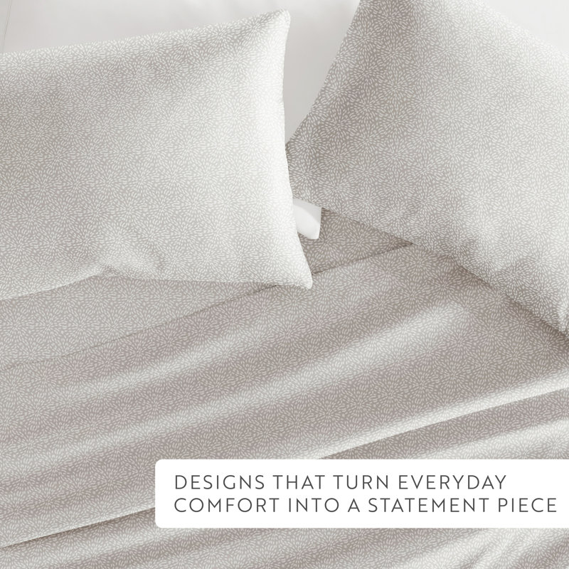 4 Piece Delicate Details Pattern Sheet Set, King Sheet Set with 2 King Pillowcase, Light Gray Floral