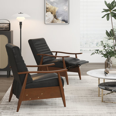 Mid-Century Modern Leather Recliner With Solid Wood Frame(Set of 2)