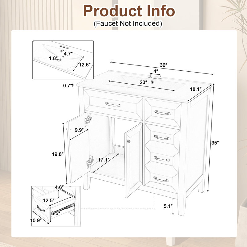 Meuble-lavabo 36 po avec lavabo en céramique, armoire de salle de bain avec tiroirs et armoire, Blanc