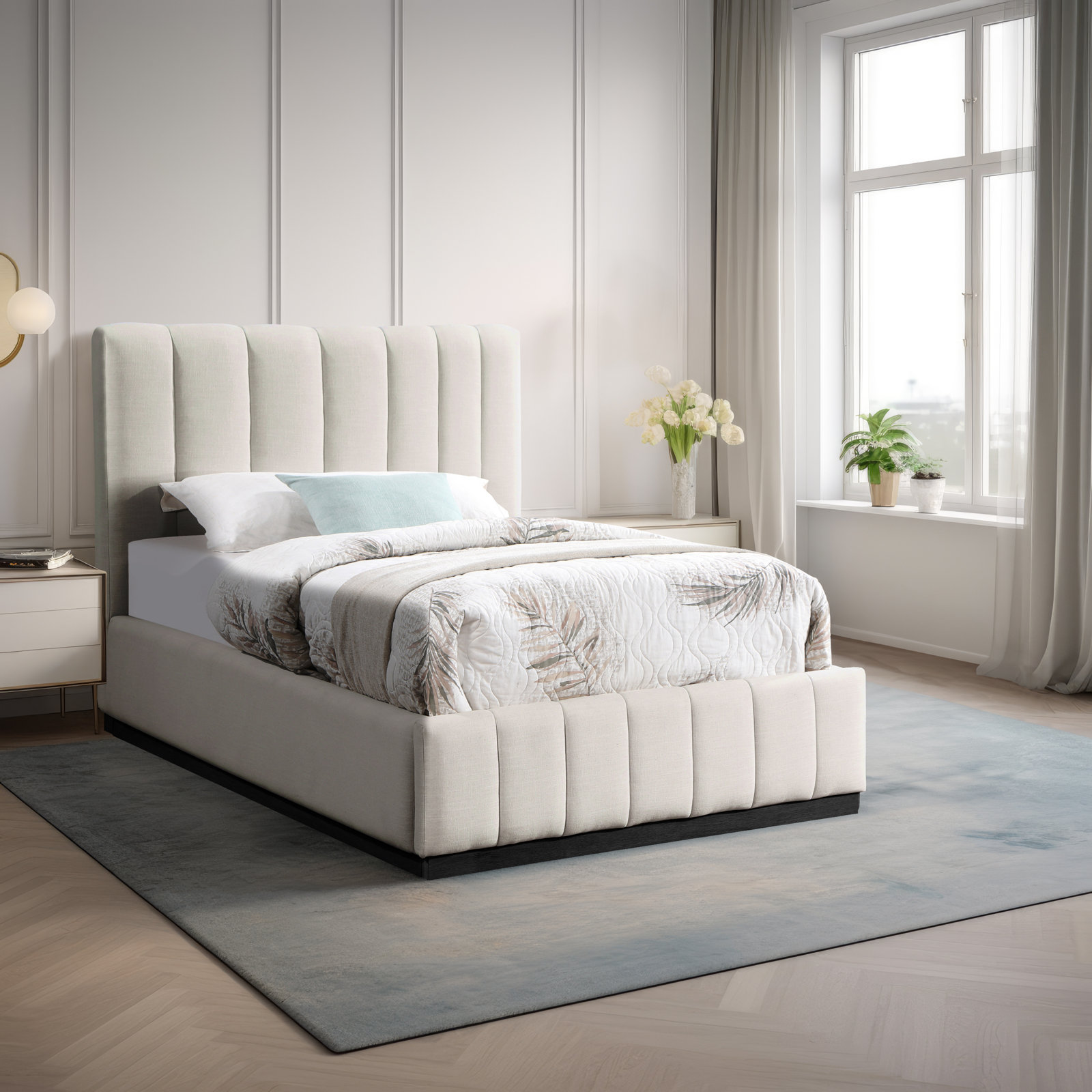 Codyn Upholstered Bed, Beige Linen Textured Fabric, Twin