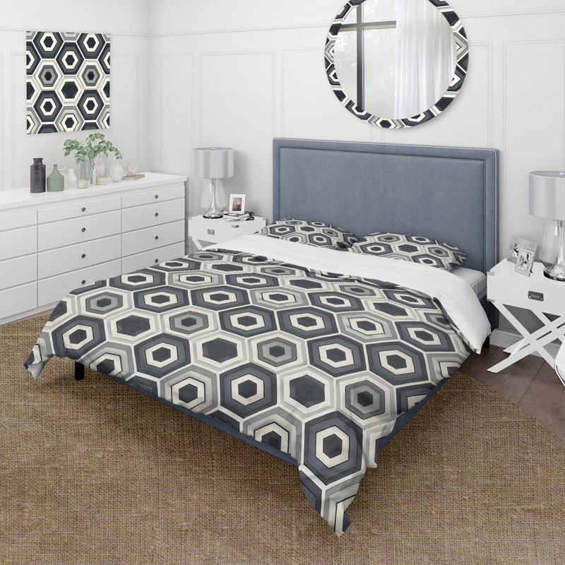 Ensemble de housse de couette traditionnelle à motif hexagonal gris, Housse de couette très grand + 2 très grandes ta