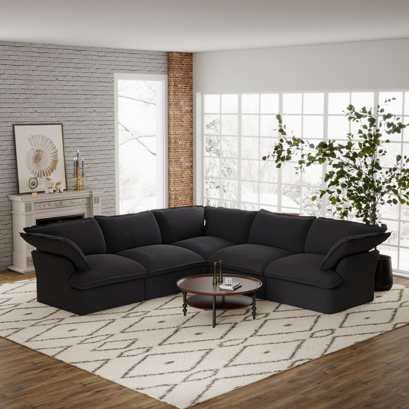 5-Piece Upholstered Modern Corduroy Fabric Sectional, Black