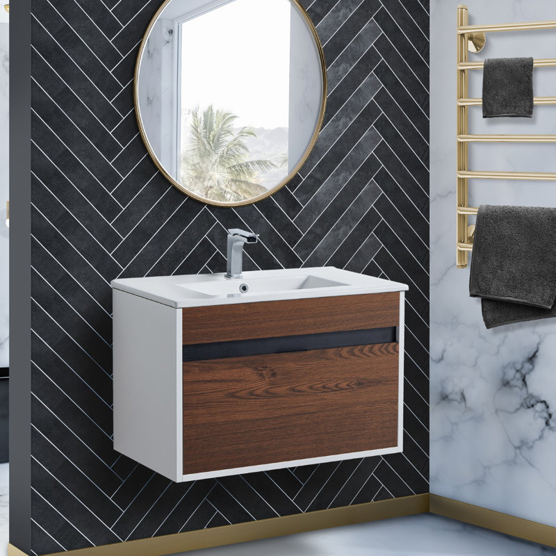 Kynlyn 30'' Single Bathroom Vanity with Ceramic Top, Brown Walnut