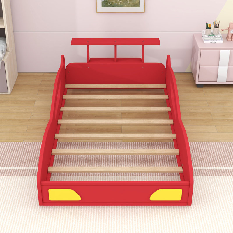Lit de voiture de course simple en bois avec support de rangement et rails de sécurité, Rouge / Jaune