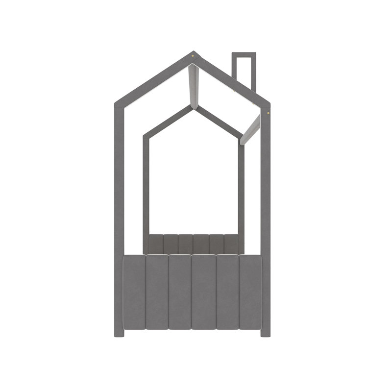 Lit simple en velours pour enfants, lit en bois gris avec toit de maison de jeu et structure en pin