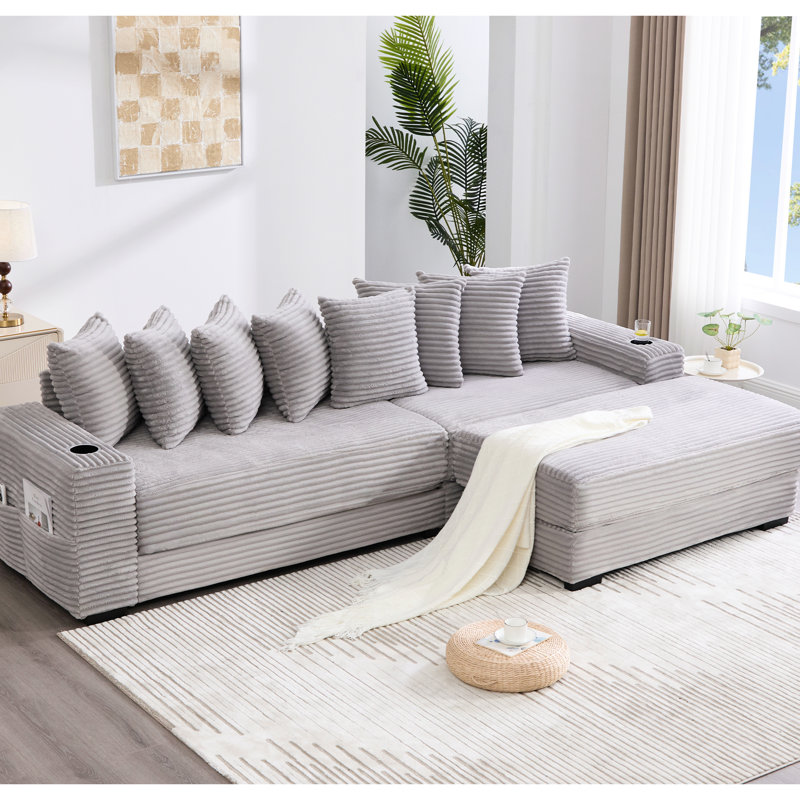 108.93", Modular L Shaped, Corduroy , Movable Footstool, Upgraded Handrails, Pillows, Bed - Converting Feature Upgrade Grey, Cup Holders, Making Function